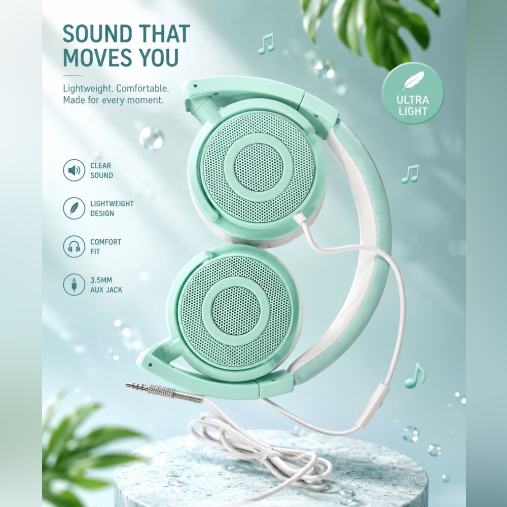 Mint Green Over-Ear Wired Headphones — Lightweight Comfort